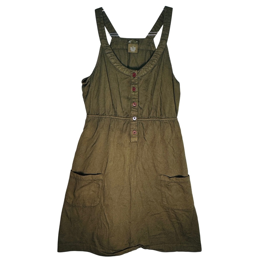 Fei Anthropologie Olive Dress Womens 4 Button Front Pockets Casual USA Pinafore‎